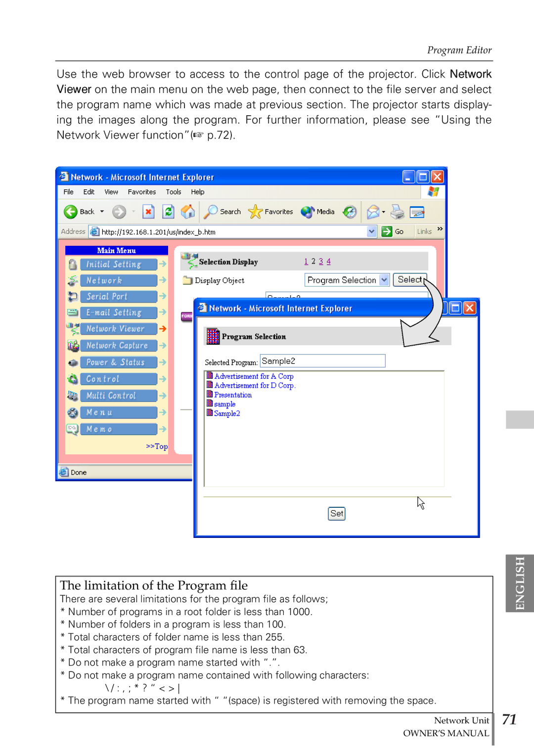 Eiki PjNET-20 owner manual Limitation of the Program file 