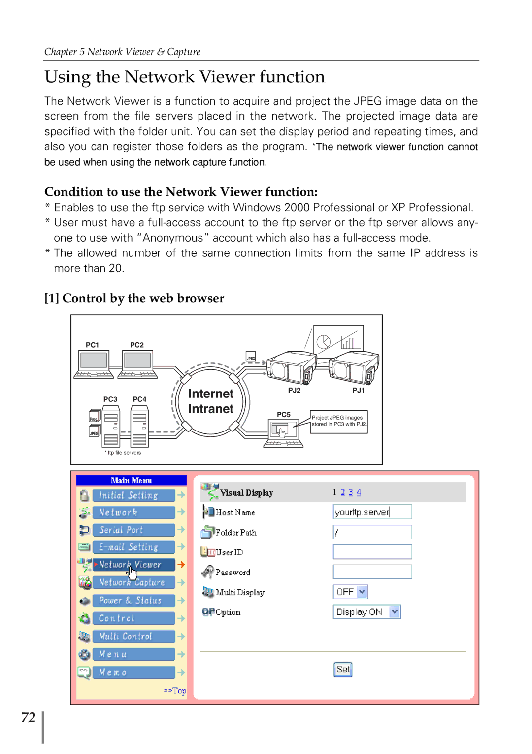 Eiki PjNET-20 owner manual Using the Network Viewer function, Condition to use the Network Viewer function 