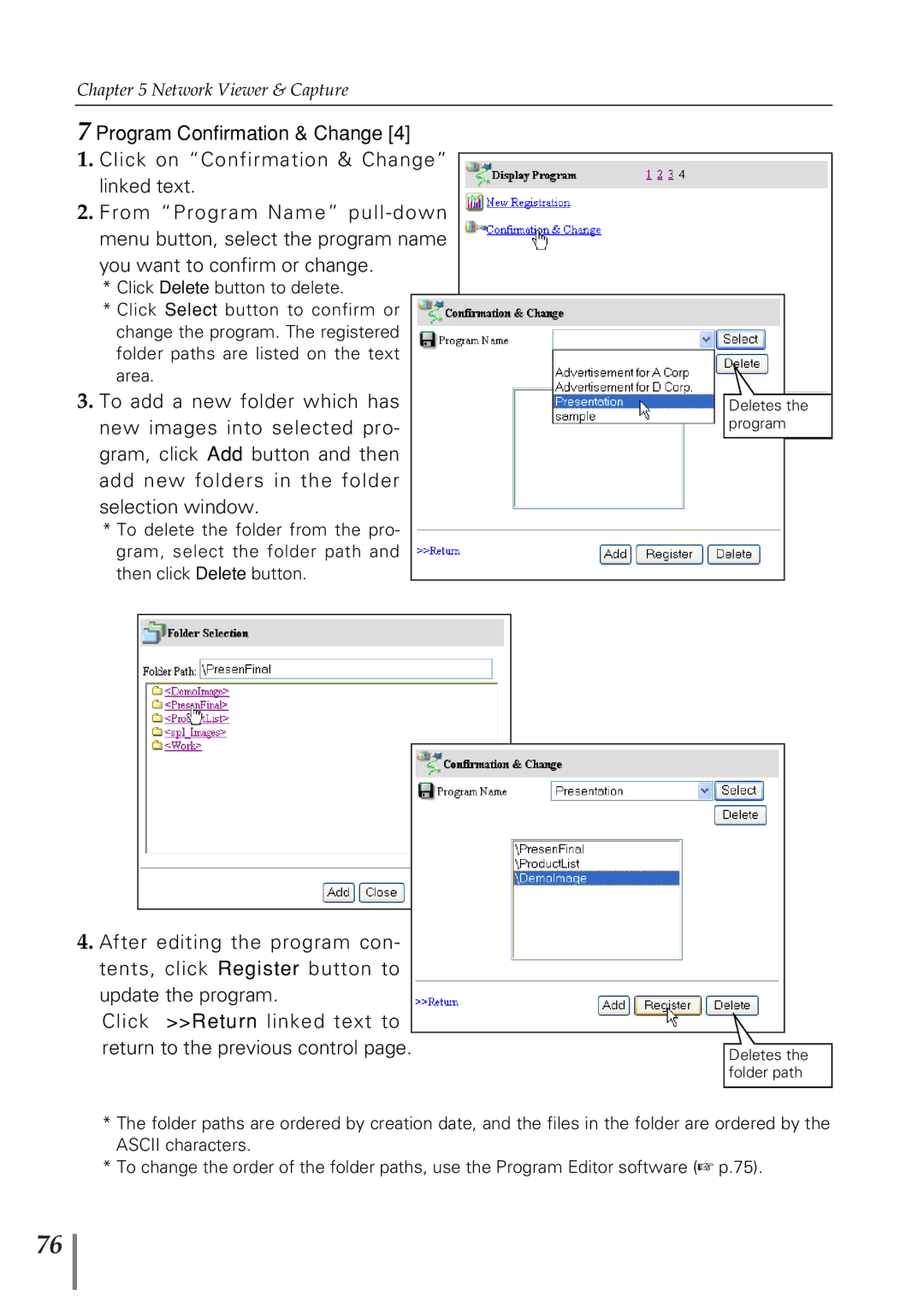 Eiki PjNET-20 owner manual Deletes the program 