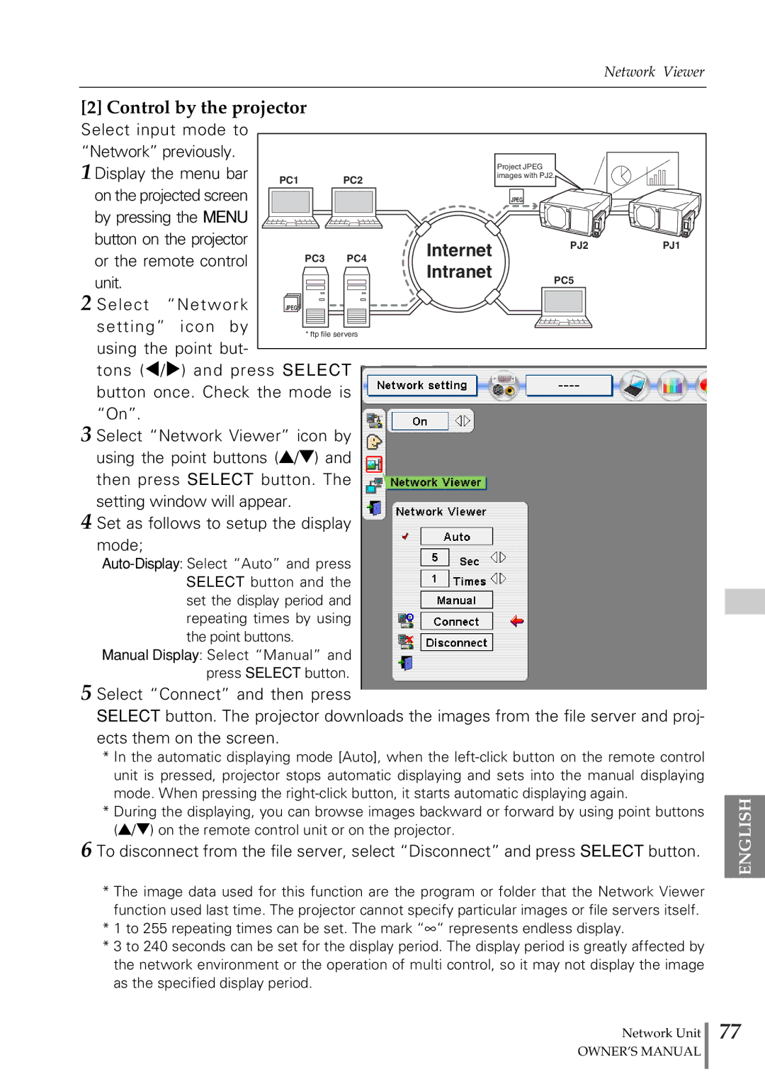 Eiki PjNET-20 owner manual Select input mode to Network previously Display the menu bar 