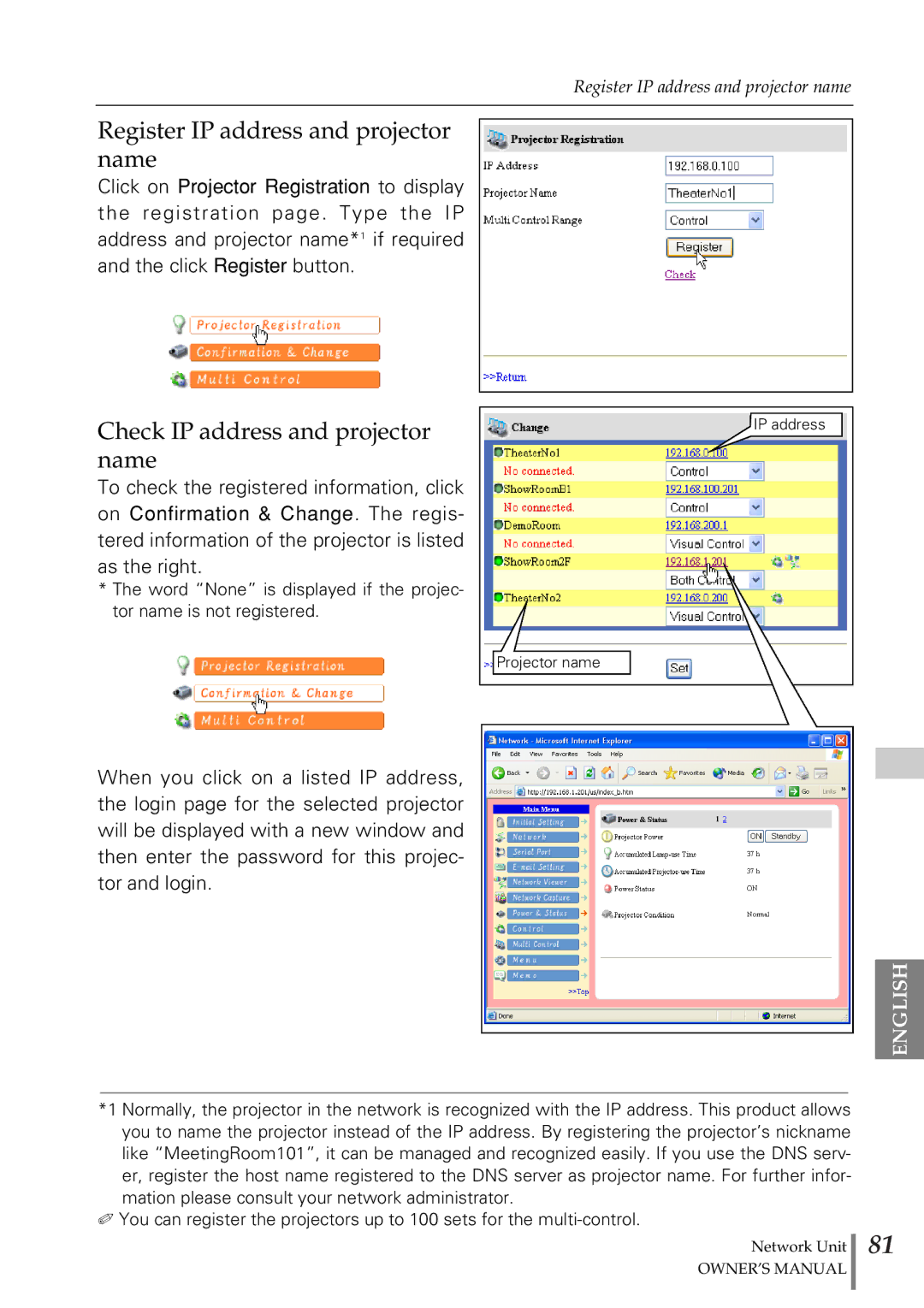 Eiki PjNET-20 owner manual Register IP address and projector name, Check IP address and projector name 