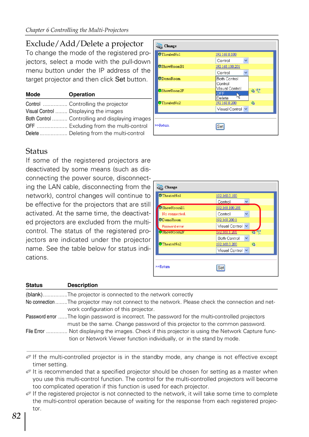 Eiki PjNET-20 owner manual Exclude/Add/Delete a projector, Status 