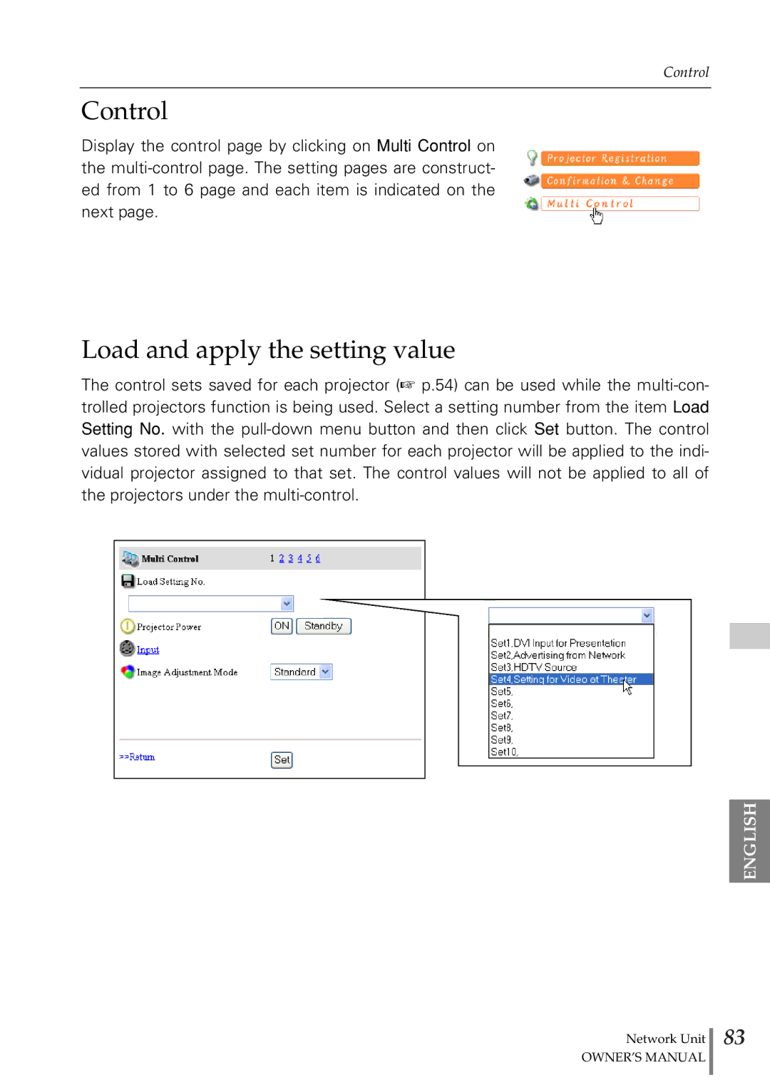 Eiki PjNET-20 owner manual Control, Load and apply the setting value 