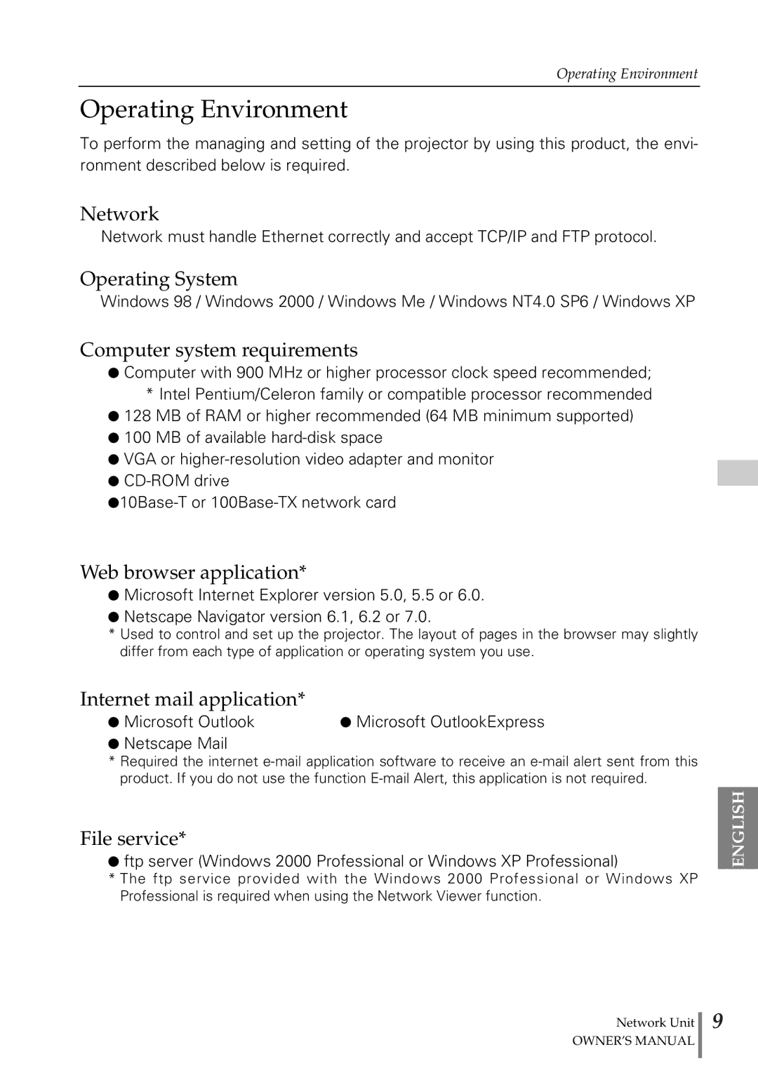 Eiki PjNET-20 owner manual Operating Environment 