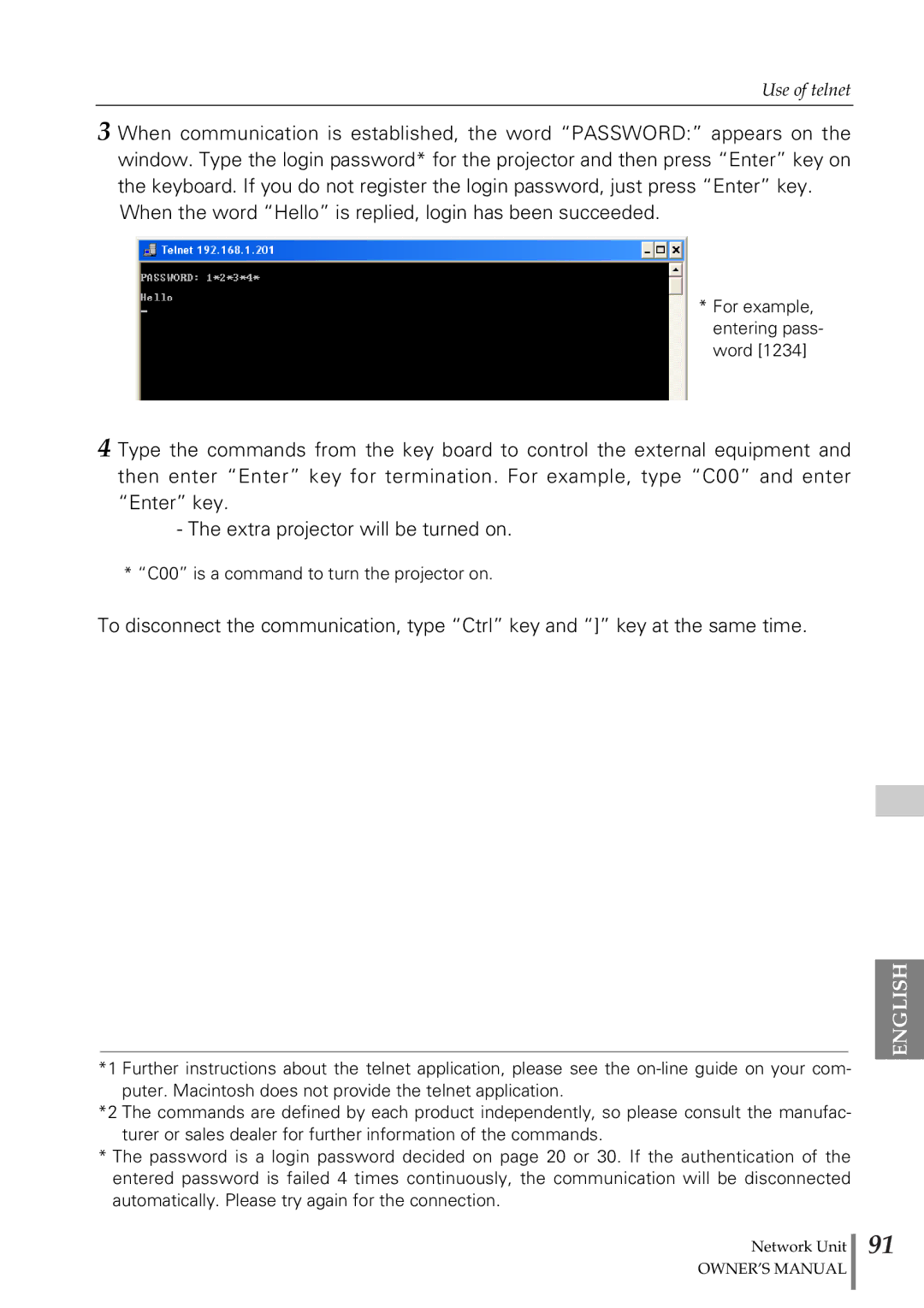 Eiki PjNET-20 owner manual For example, entering pass- word 