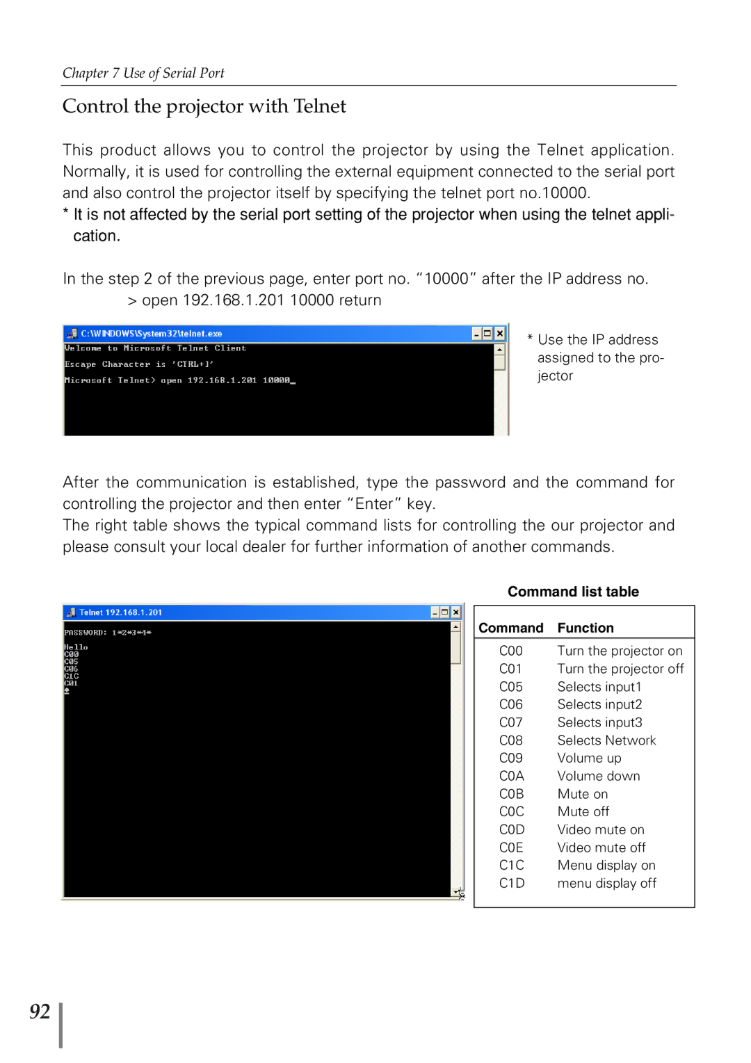 Eiki PjNET-20 owner manual Control the projector with Telnet, Command list table 