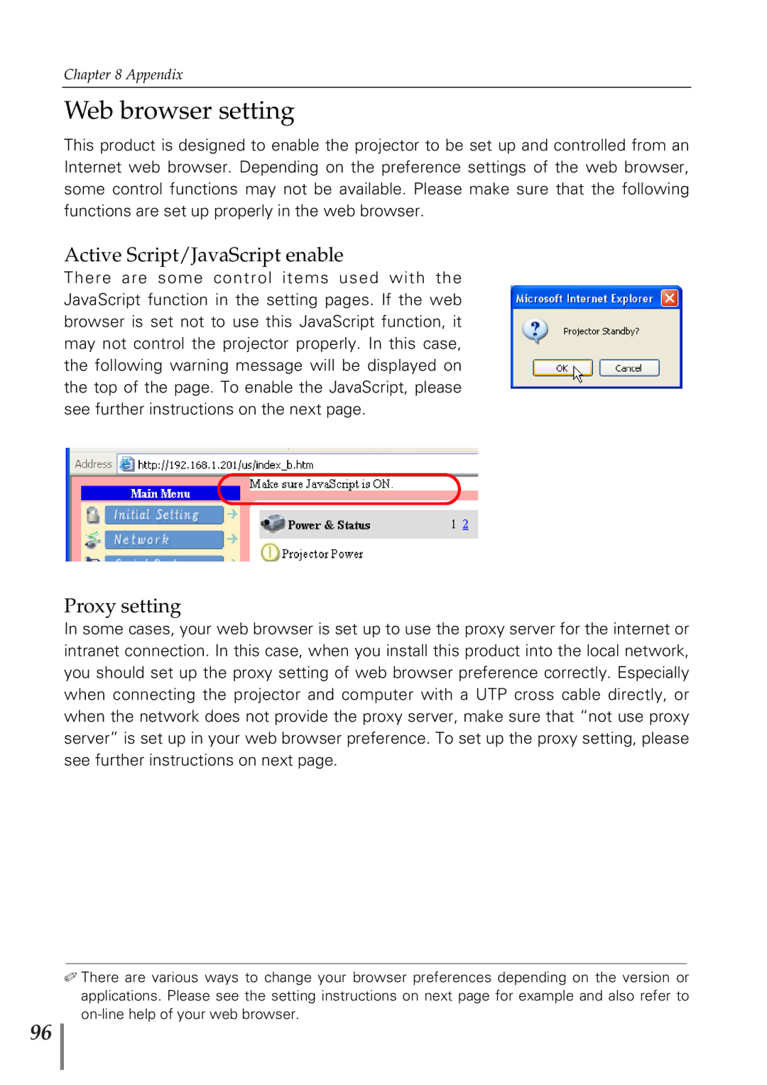 Eiki PjNET-20 owner manual Web browser setting, Active Script/JavaScript enable, Proxy setting 