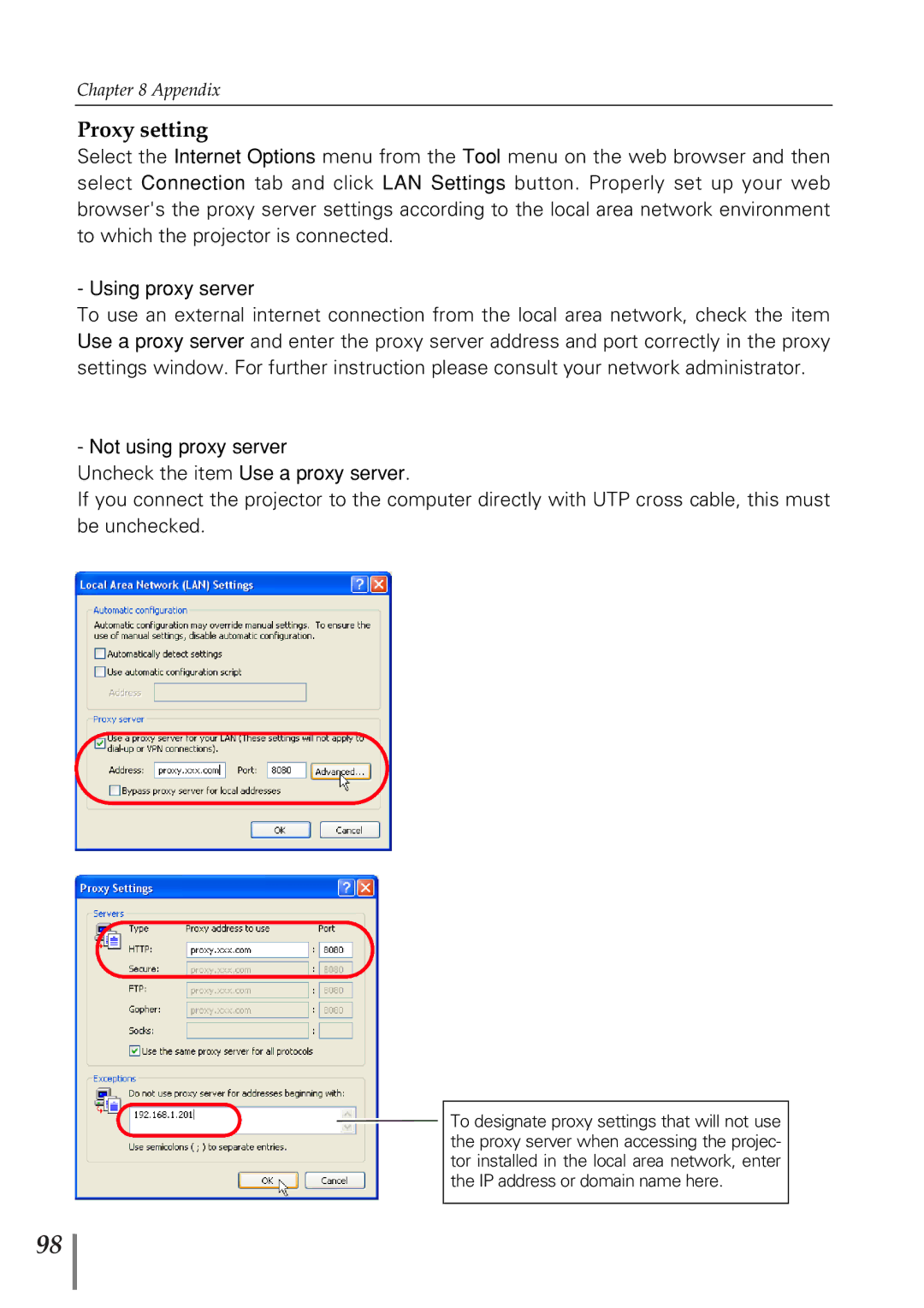 Eiki PjNET-20 owner manual Proxy setting 