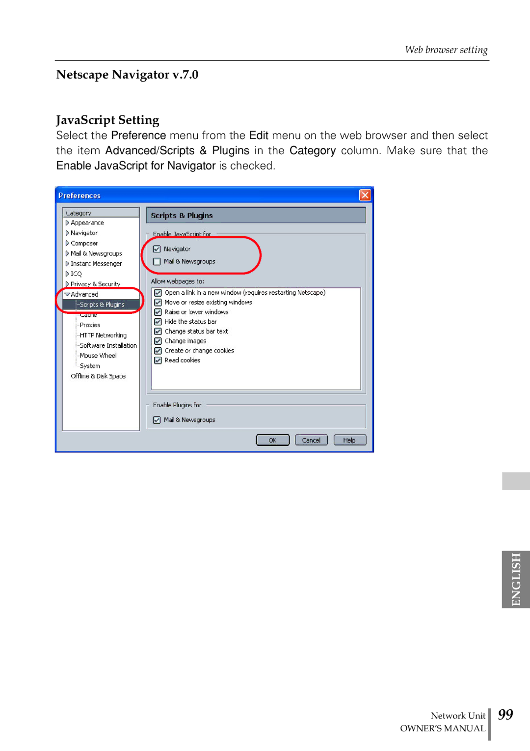 Eiki PjNET-20 owner manual Netscape Navigator JavaScript Setting 