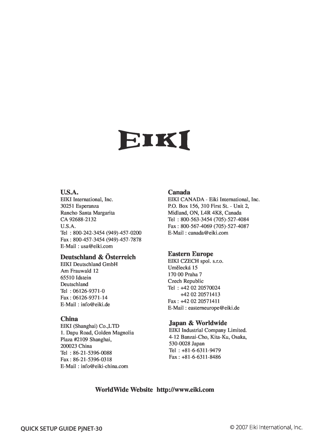 Eiki PJNET-30 setup guide U.S.A, Deutschland & Österreich, China, Canada, Eastern Europe, Japan & Worldwide 