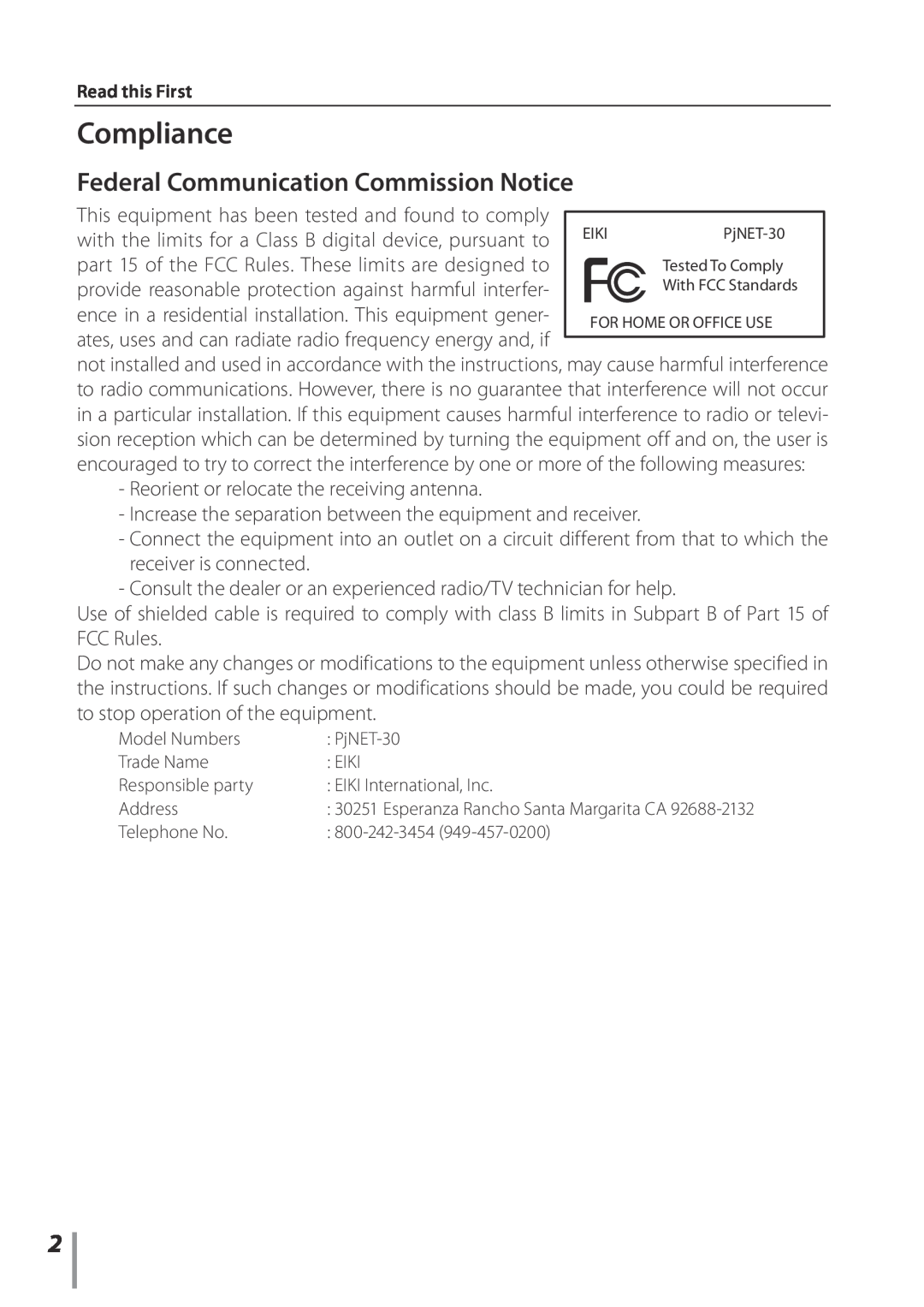 Eiki PJNET-30 setup guide Compliance, Federal Communication Commission Notice 