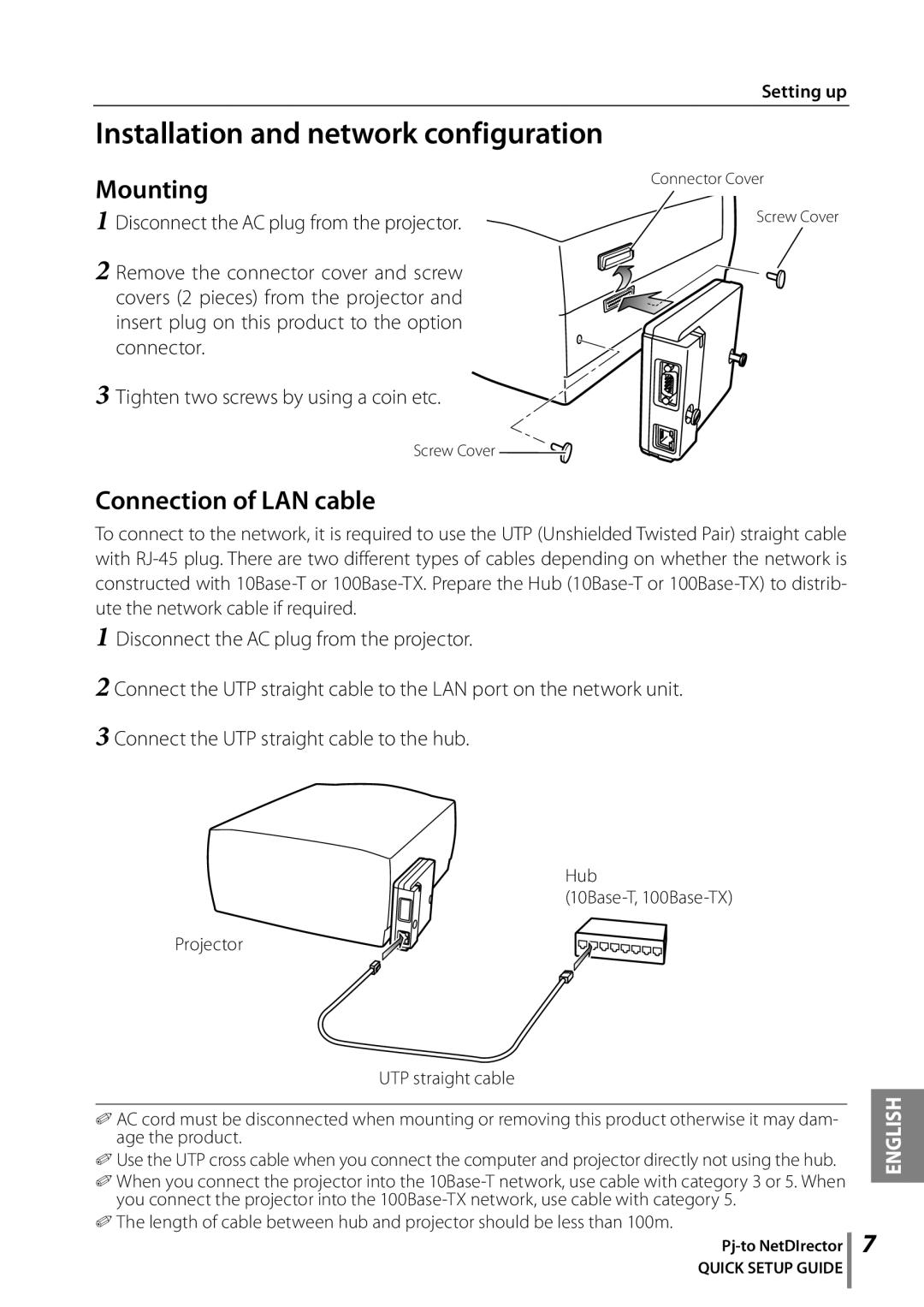 Eiki PJNET-30 setup guide Installation and network configuration, Mounting, Connection of LAN cable, English, Setting up 