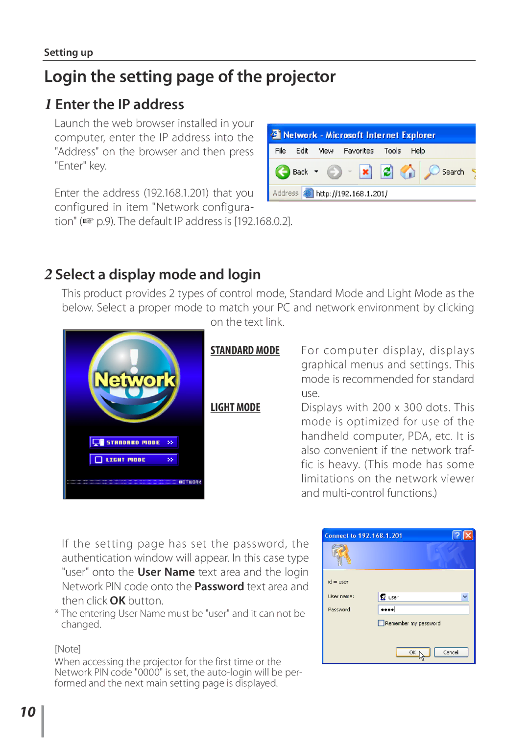 Eiki PJNET-30 setup guide Login the setting page of the projector, Enter the IP address, Select a display mode and login 