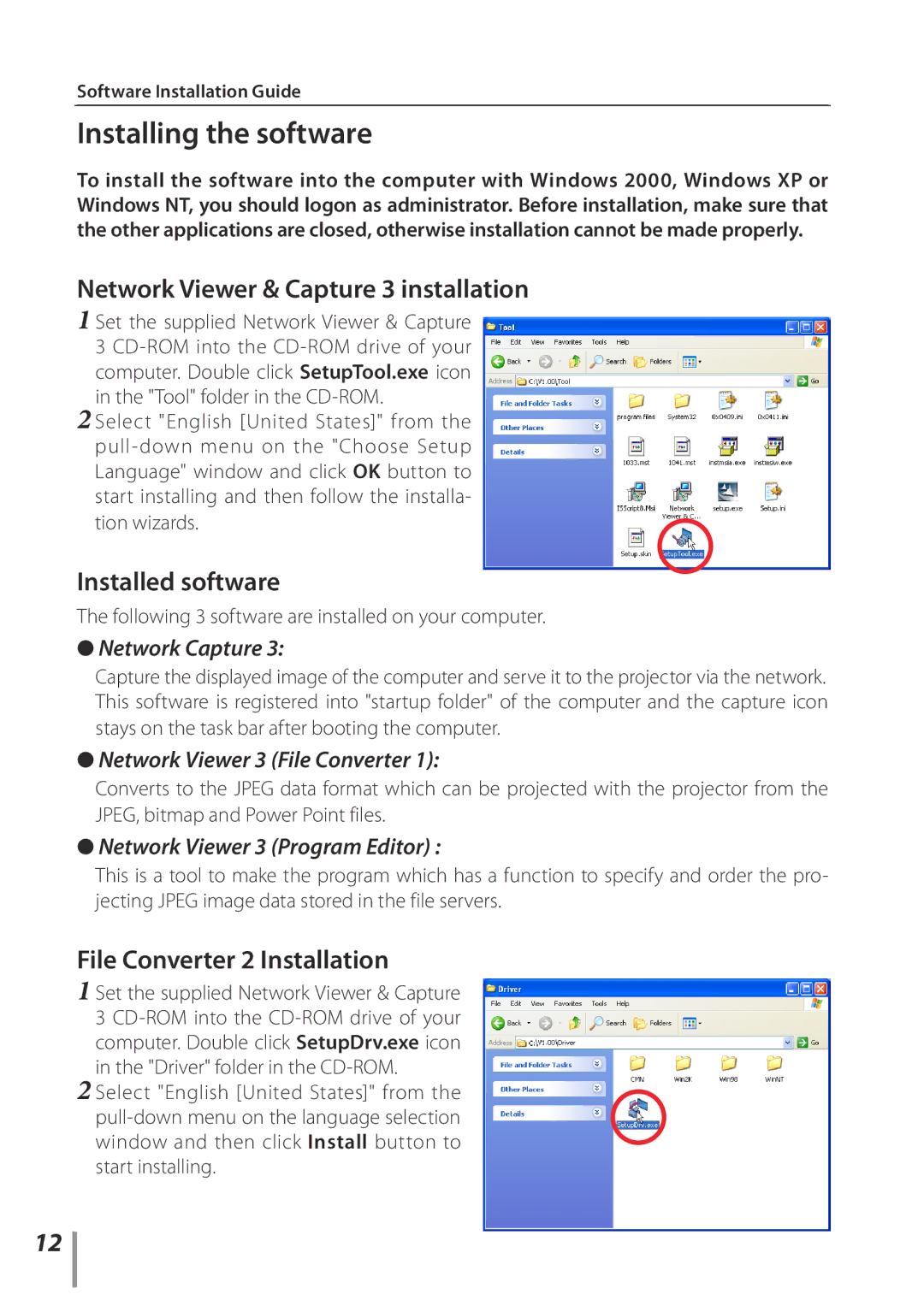 Eiki PJNET-30 setup guide Installing the software, Network Viewer & Capture 3 installation, Installed software 