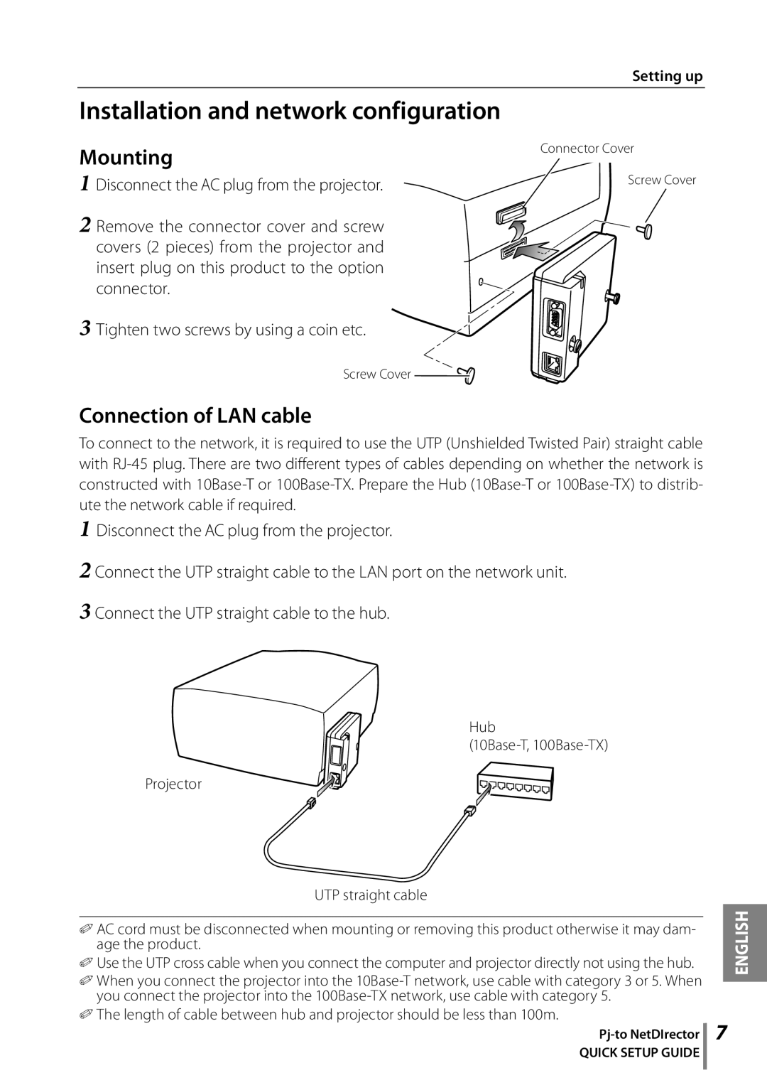 Eiki PJNET-30 setup guide Installation and network configuration, Mounting, Connection of LAN cable 