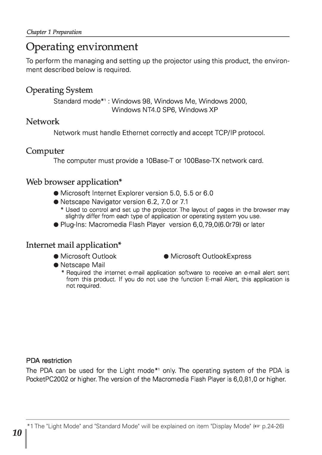 Eiki PJNET-300 Operating environment, Operating System, Network, Computer, Web browser application, Microsoft Outlook 