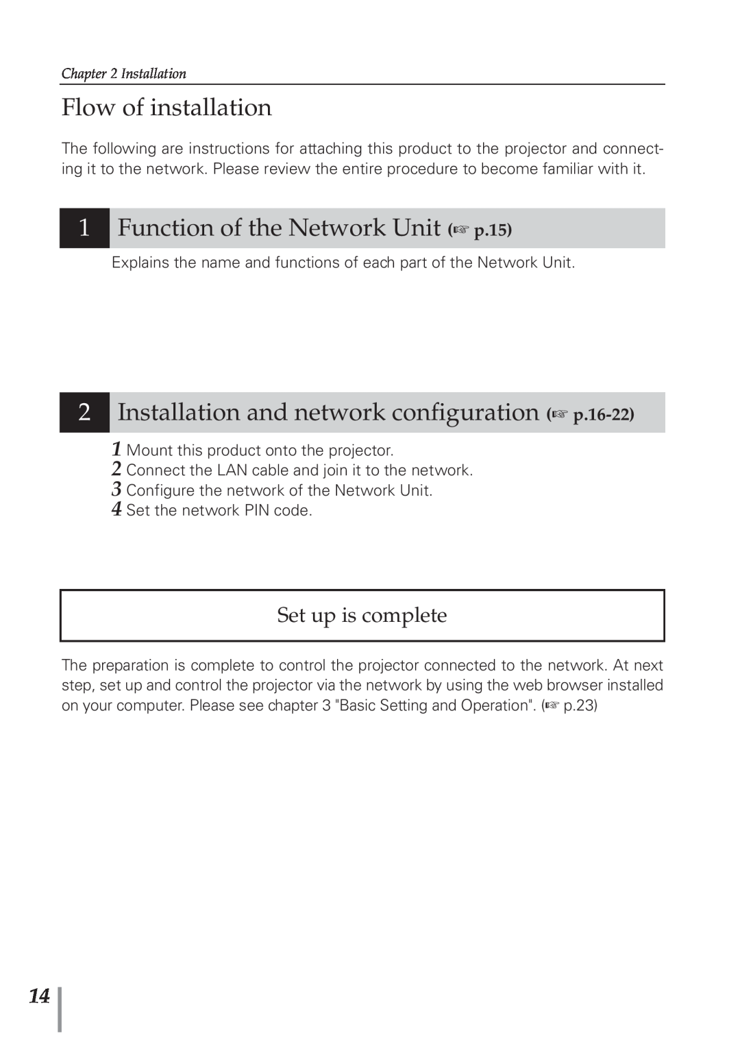 Eiki PJNET-300 Flow of installation, Function of the Network Unit p.15, Installation and network configuration p.16-22 