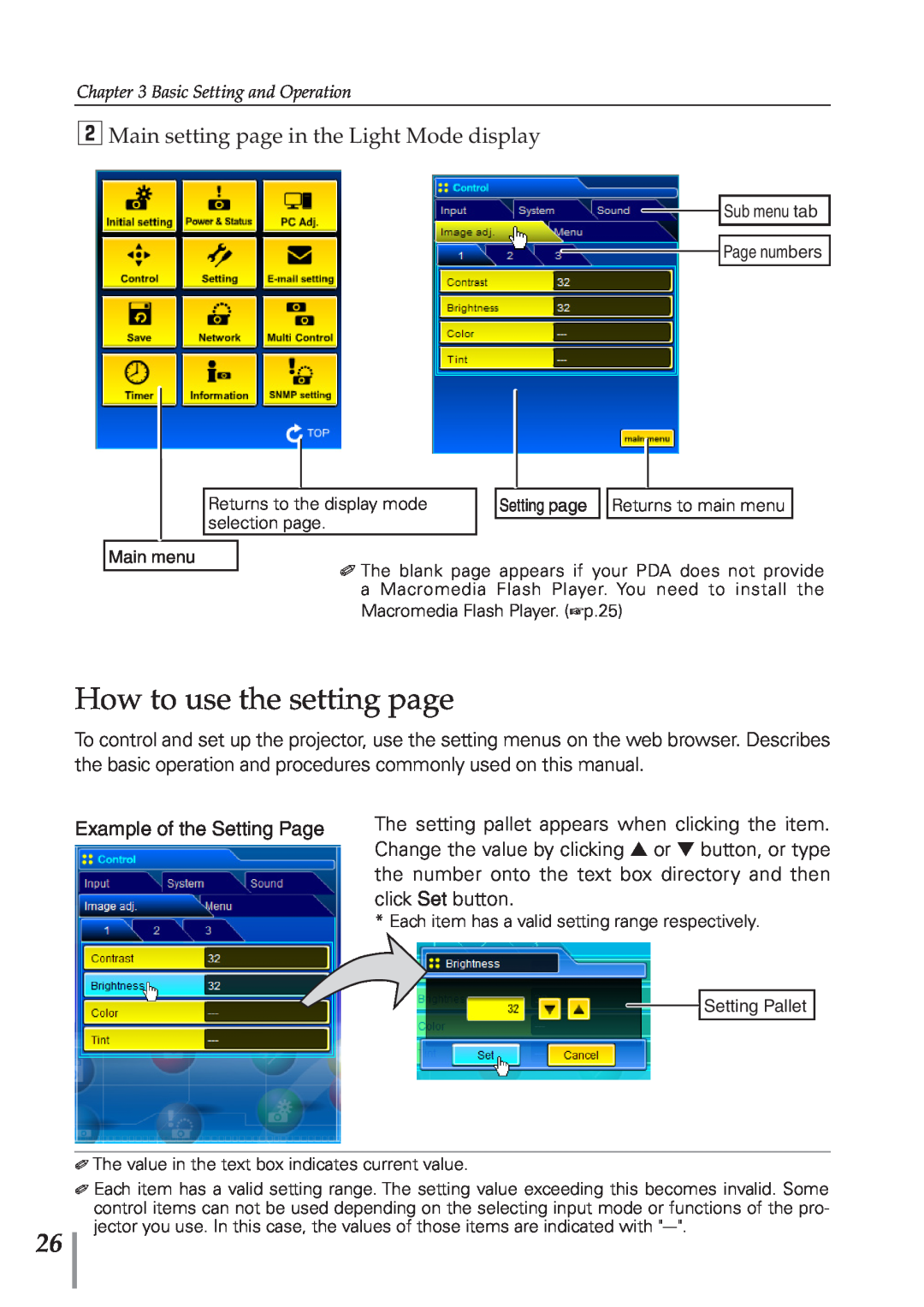 Eiki PJNET-300 owner manual How to use the setting page, x Main setting page in the Light Mode display 