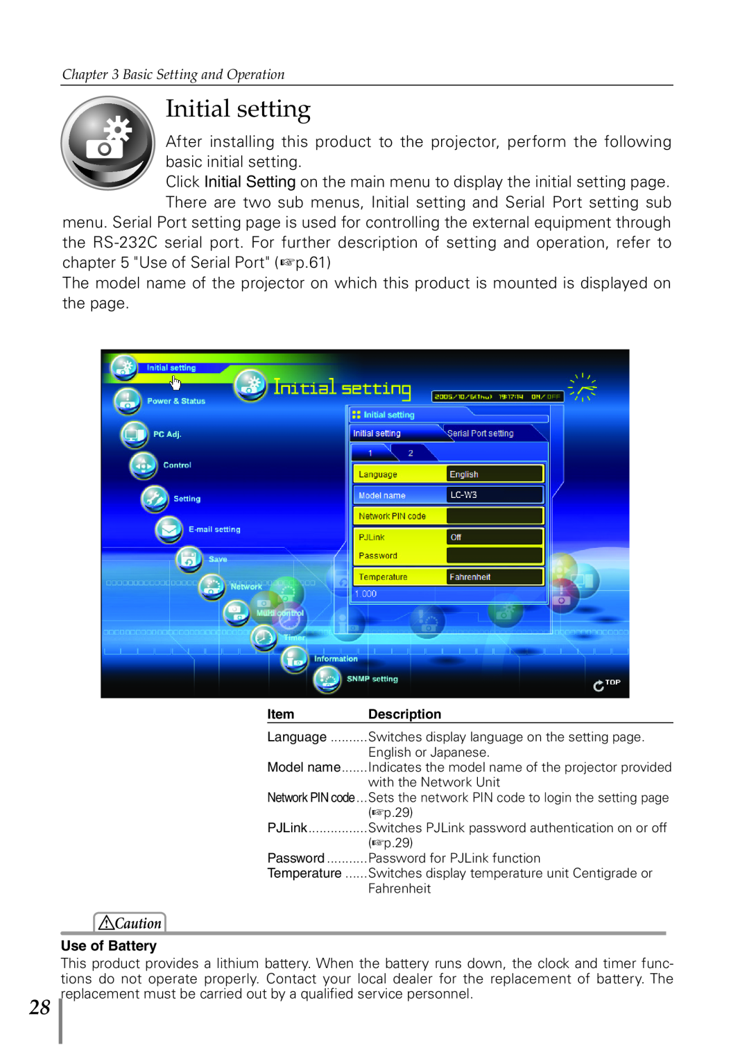 Eiki PJNET-300 owner manual Initial setting, Use of Battery 