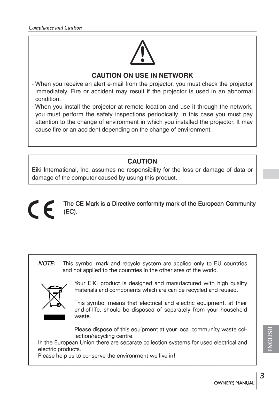Eiki PJNET-300 owner manual Caution On Use In Network, English 