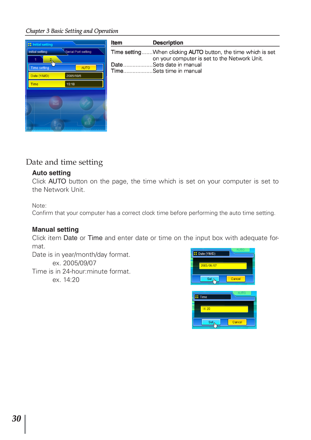 Eiki PJNET-300 owner manual Date and time setting, Auto setting, Manual setting 