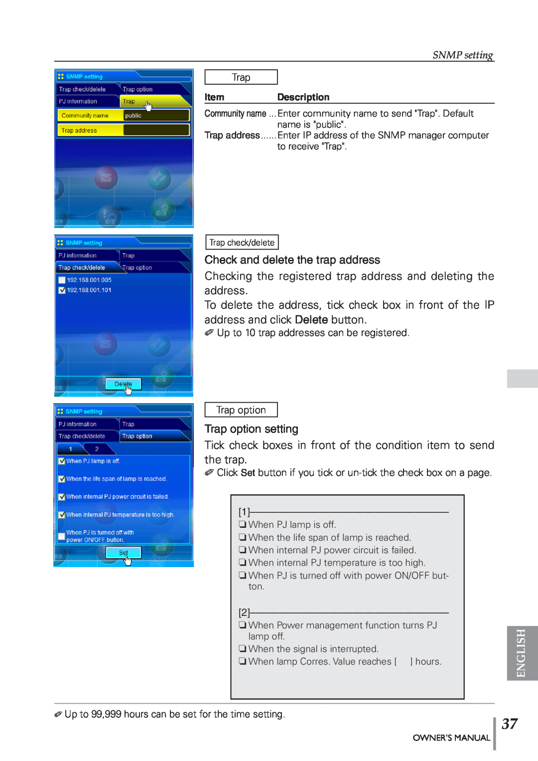 Eiki PJNET-300 owner manual Check and delete the trap address, Trap option setting, SNMP setting, English, Item Description 