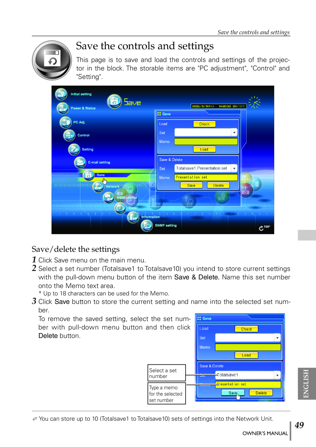 Eiki PJNET-300 owner manual Save the controls and settings, Save/delete the settings 