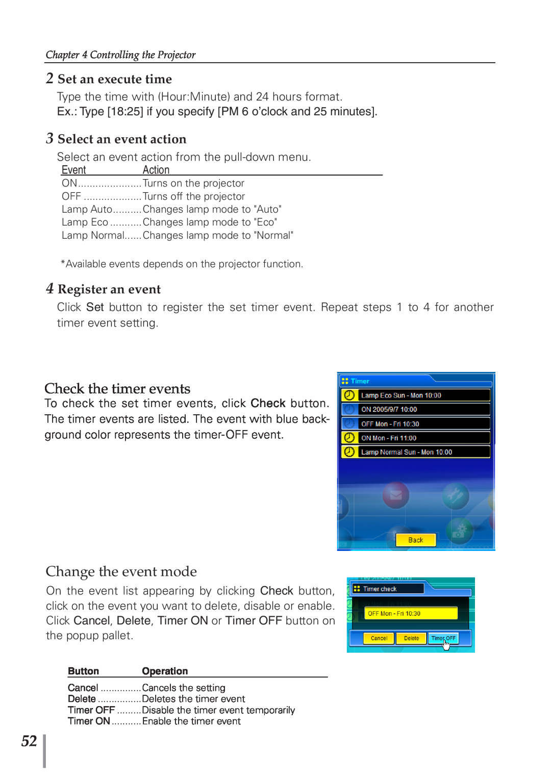 Eiki PJNET-300 owner manual Check the timer events, Change the event mode, Set an execute time, Select an event action 