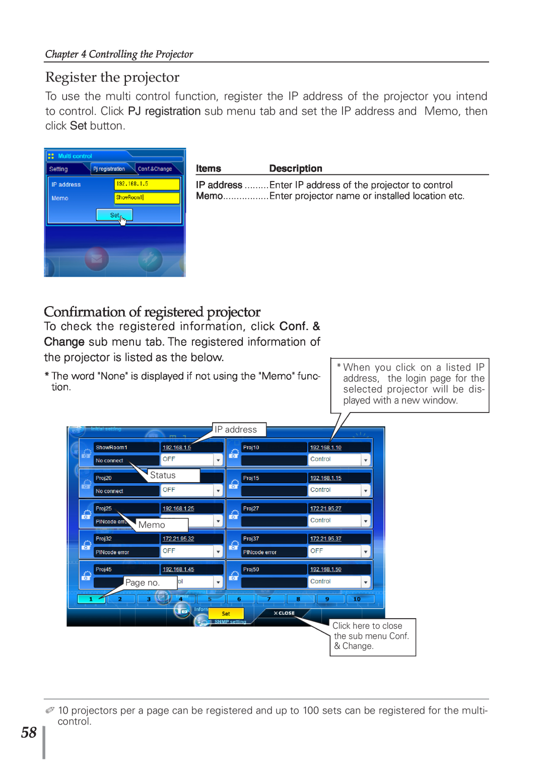 Eiki PJNET-300 owner manual Register the projector, Confirmation of registered projector 