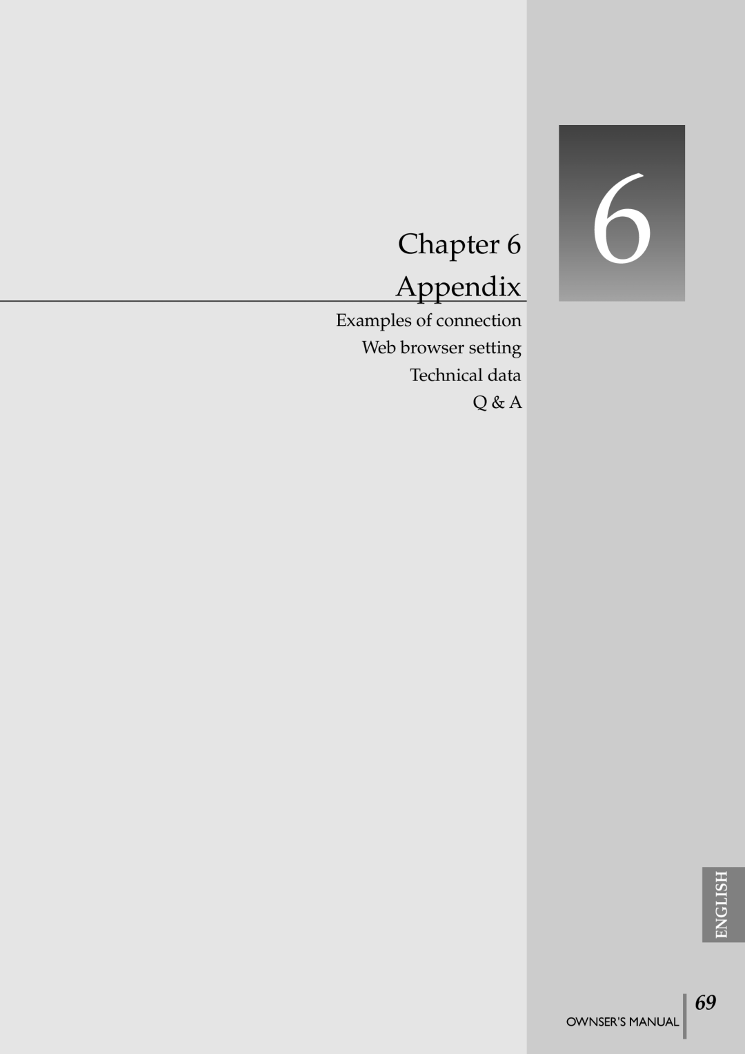 Eiki PJNET-300 Appendix, Examples of connection Web browser setting Technical data Q & A, Chapter, English, Ownsers Manual 