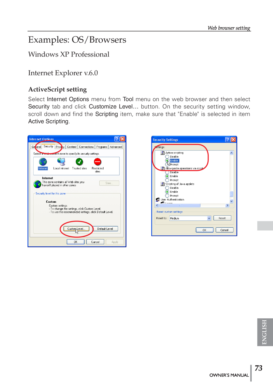 Eiki PJNET-300 Examples OS/Browsers, Windows XP Professional Internet Explorer, ActiveScript setting, Web browser setting 