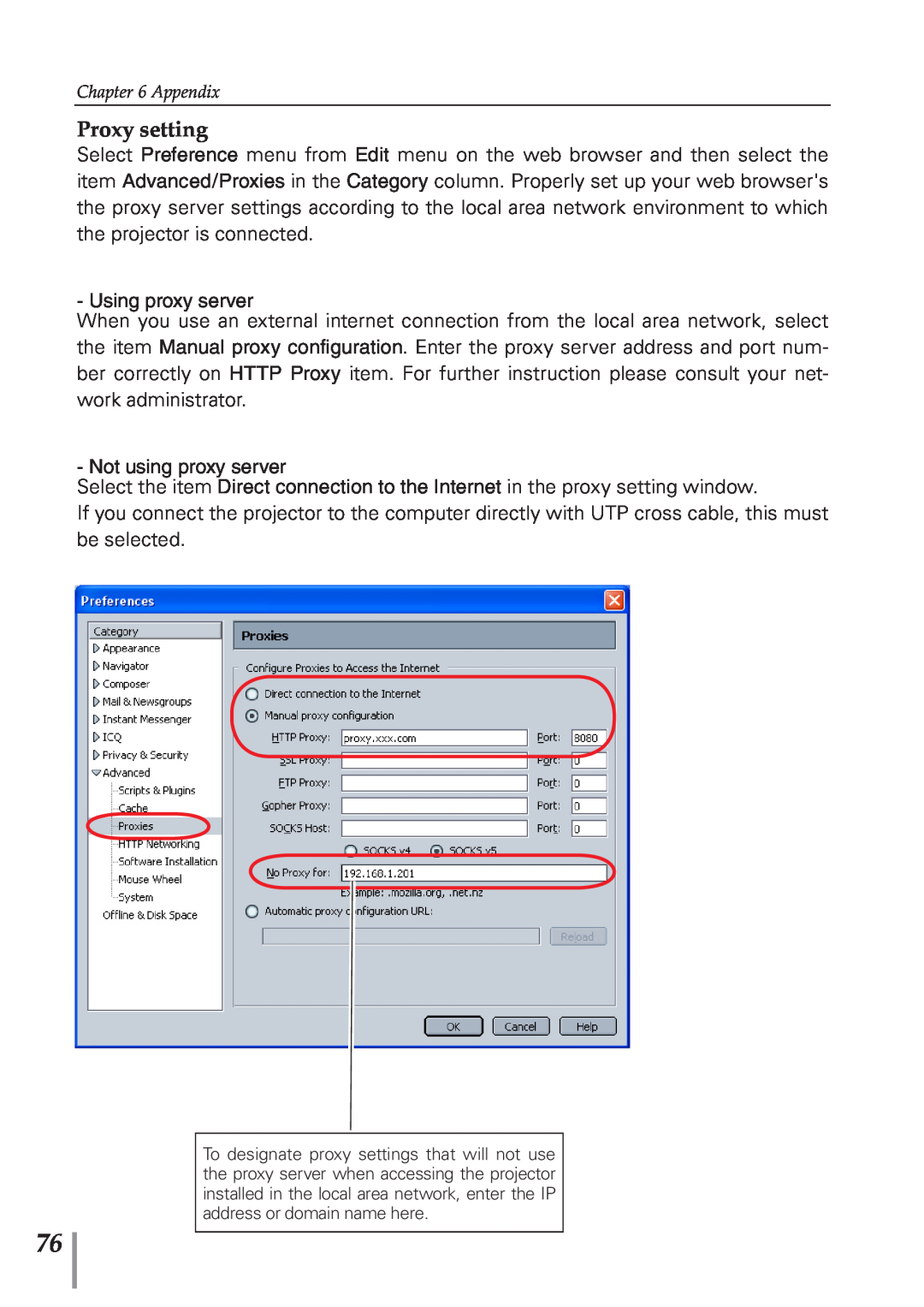 Eiki PJNET-300 owner manual Proxy setting 