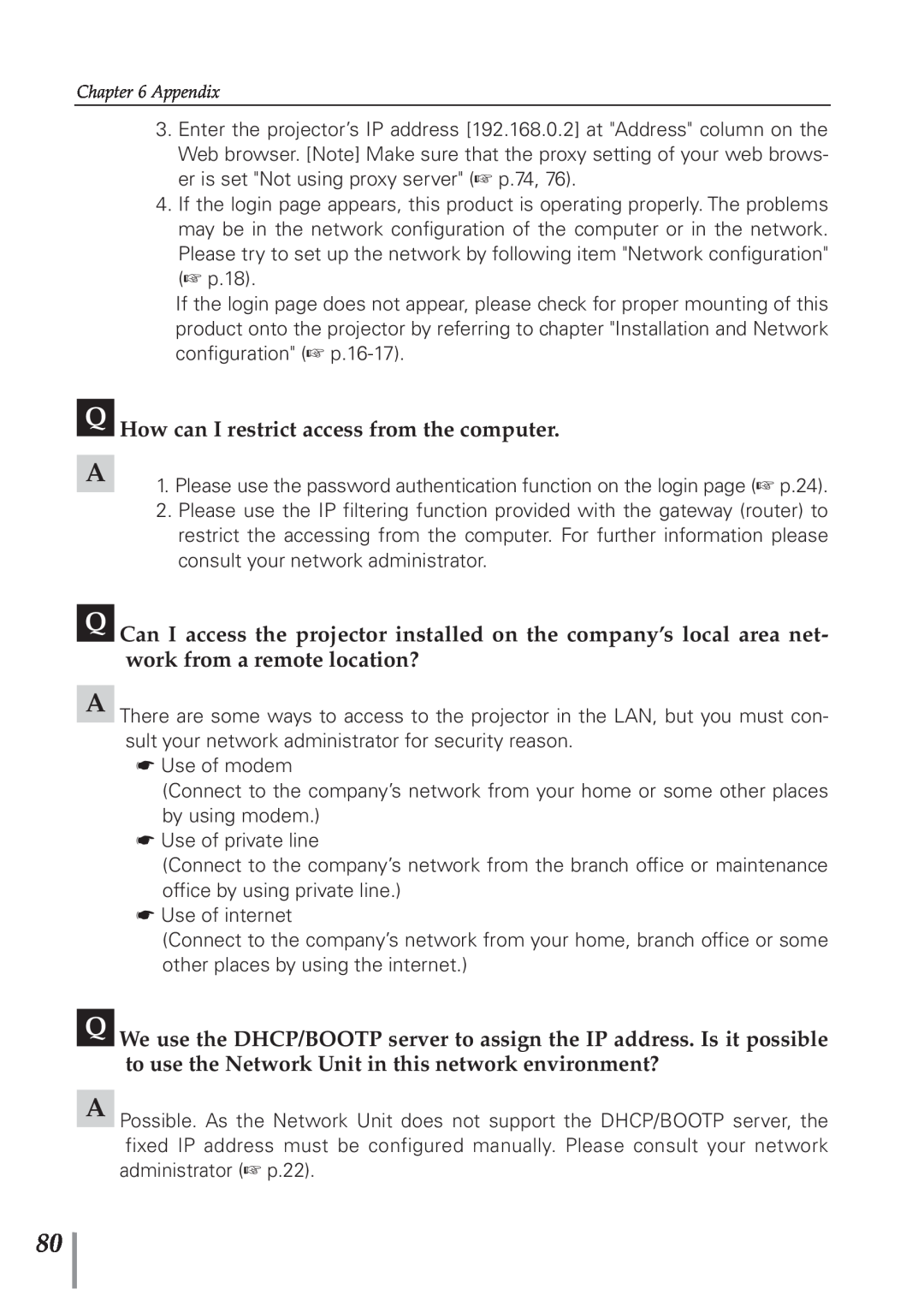 Eiki PJNET-300 owner manual Q How can I restrict access from the computer 