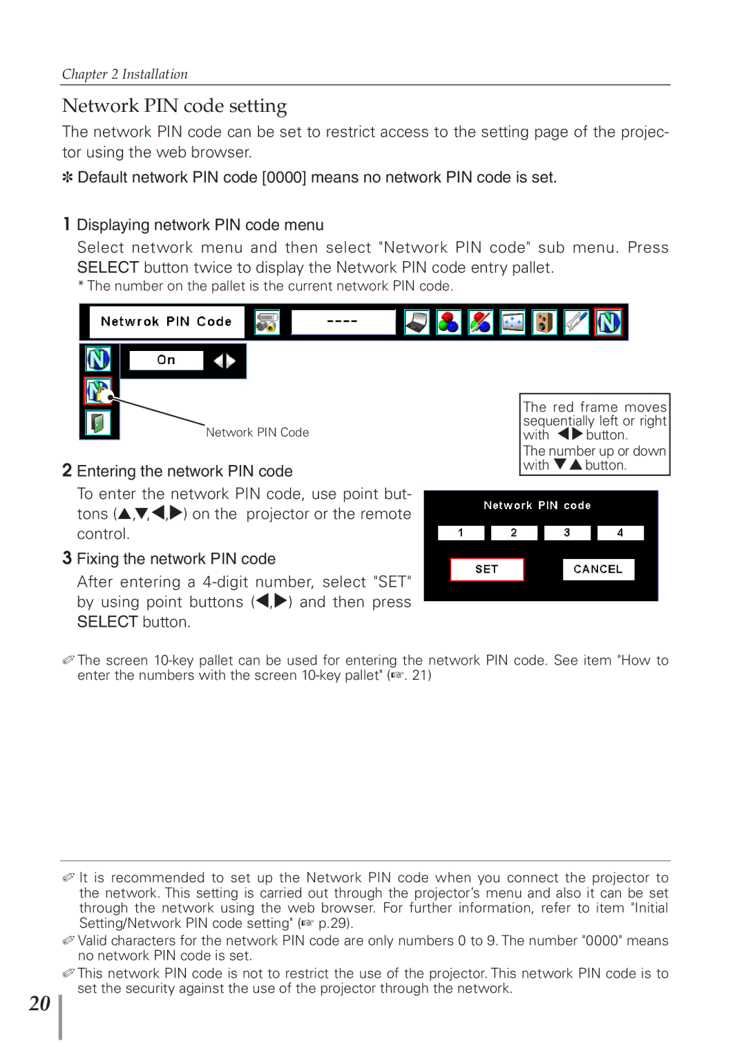 Eiki PJNET-300 owner manual Network PIN code setting 