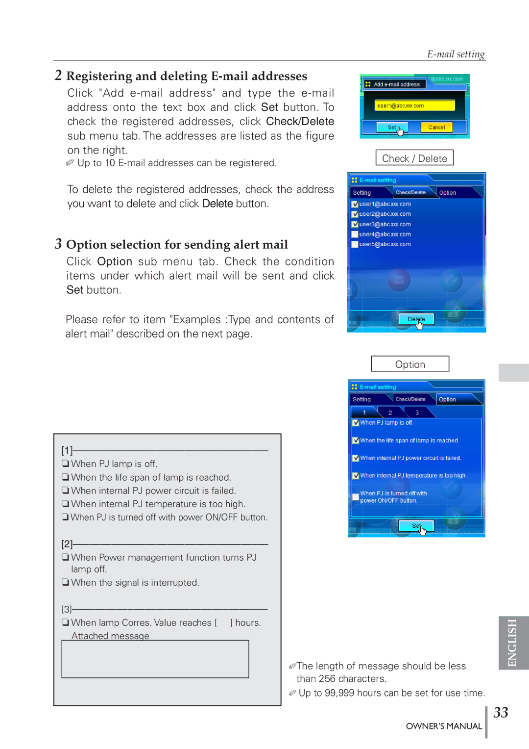 Eiki PJNET-300 owner manual Registering and deleting E-mail addresses, Option selection for sending alert mail 