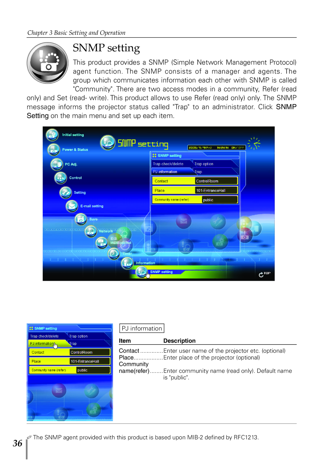 Eiki PJNET-300 owner manual Snmp setting, PJ information 