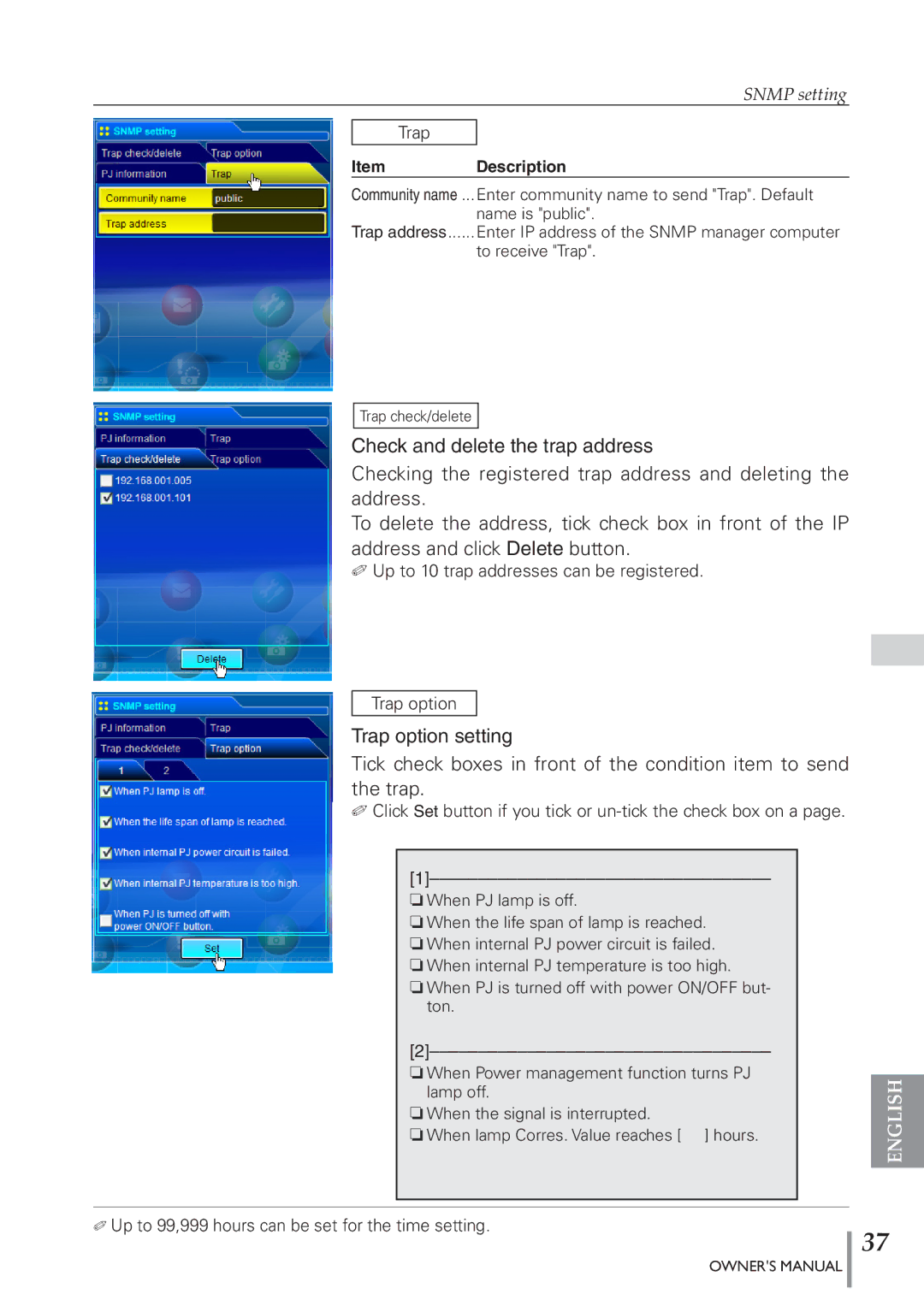 Eiki PJNET-300 owner manual Snmp setting 