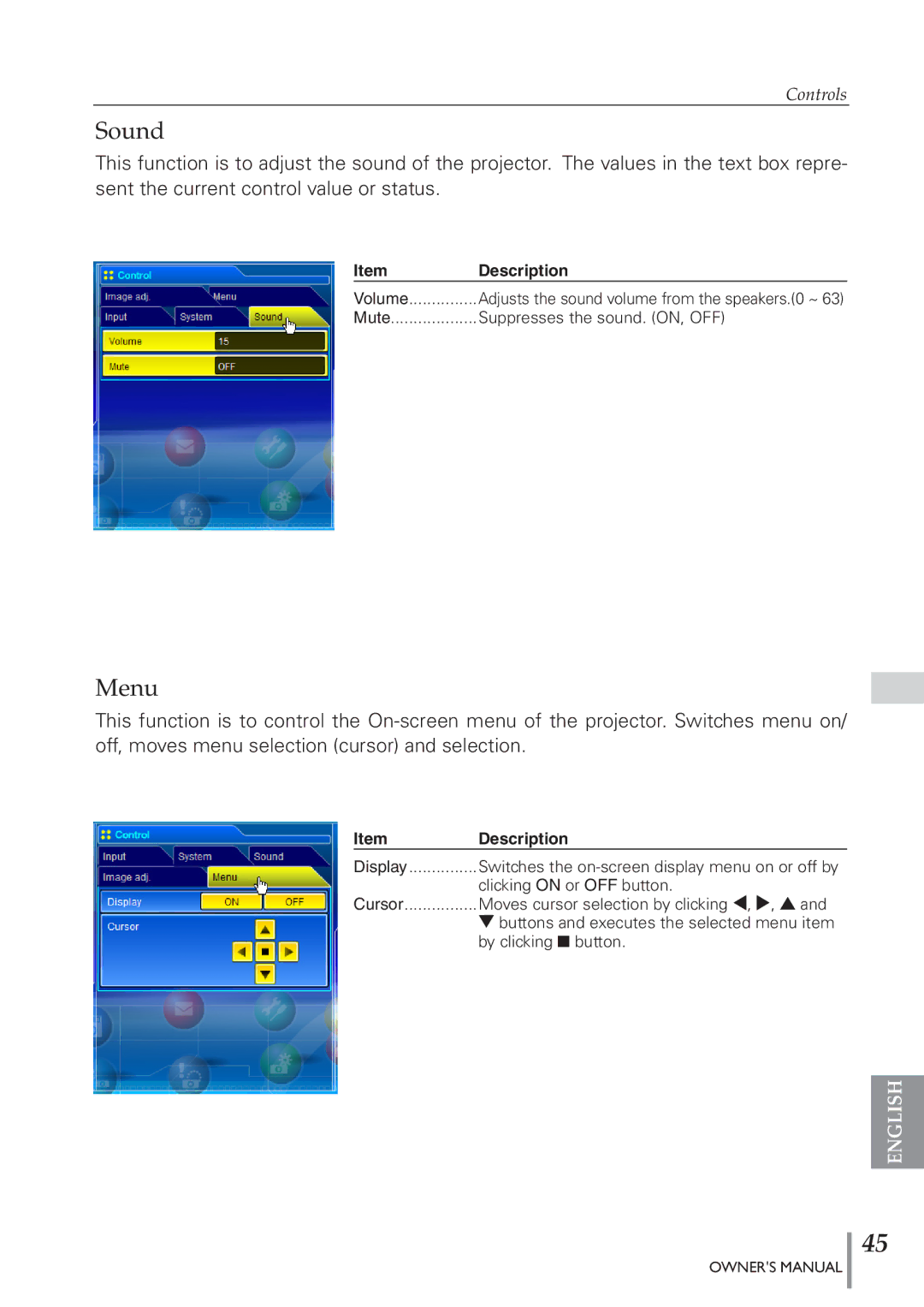 Eiki PJNET-300 owner manual Sound, Menu 