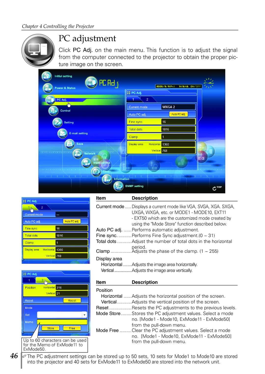 Eiki PJNET-300 owner manual PC adjustment, Adjusts the vertical position of the screen 