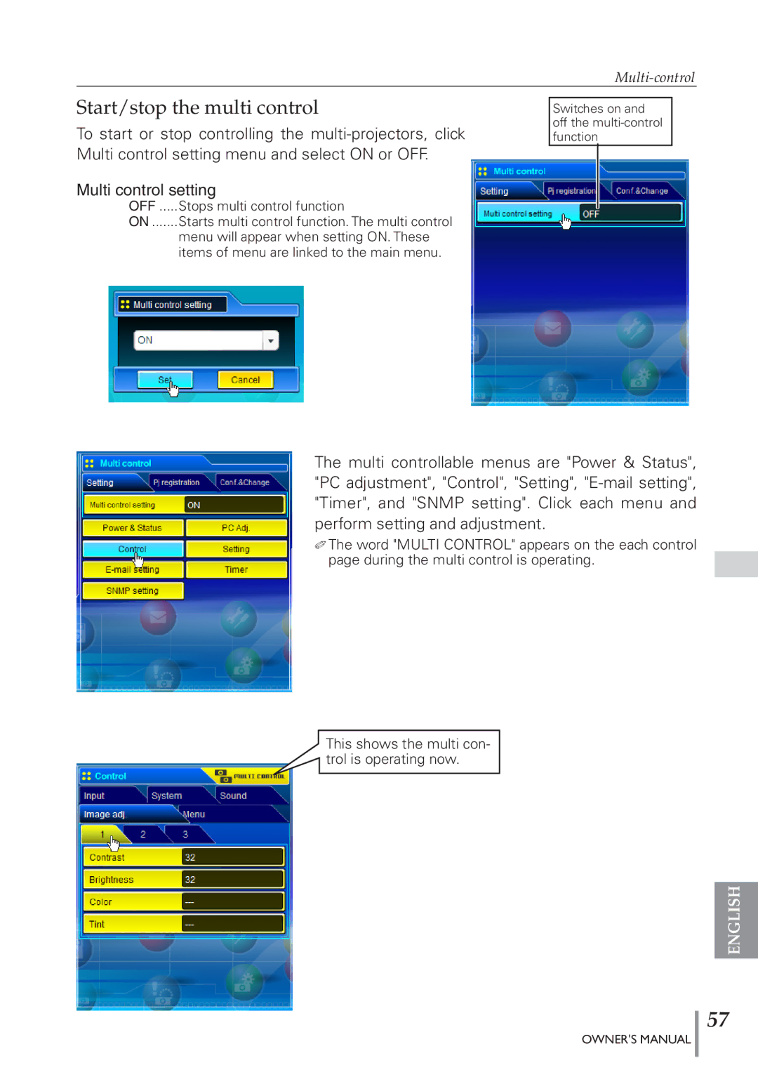 Eiki PJNET-300 owner manual Start/stop the multi control 