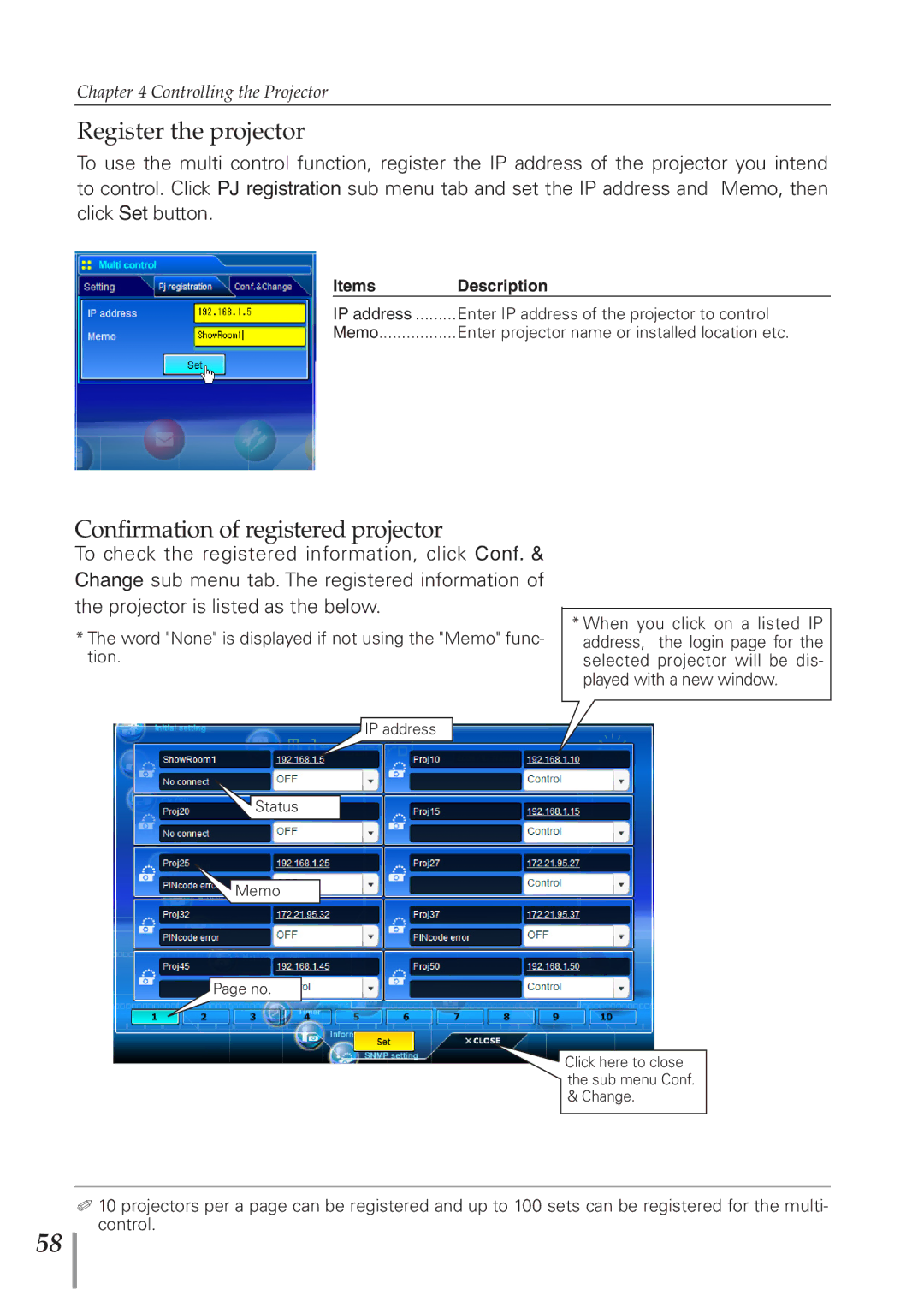 Eiki PJNET-300 owner manual Register the projector, Confirmation of registered projector 