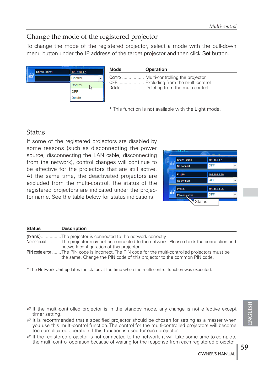 Eiki PJNET-300 owner manual Change the mode of the registered projector, Status 