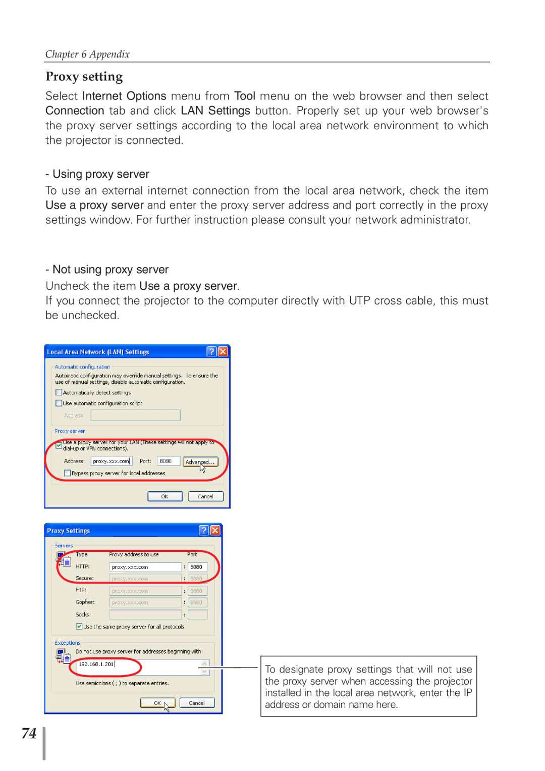 Eiki PJNET-300 owner manual Proxy setting 