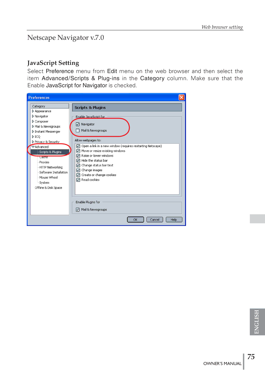 Eiki PJNET-300 owner manual Netscape Navigator, JavaScript Setting 