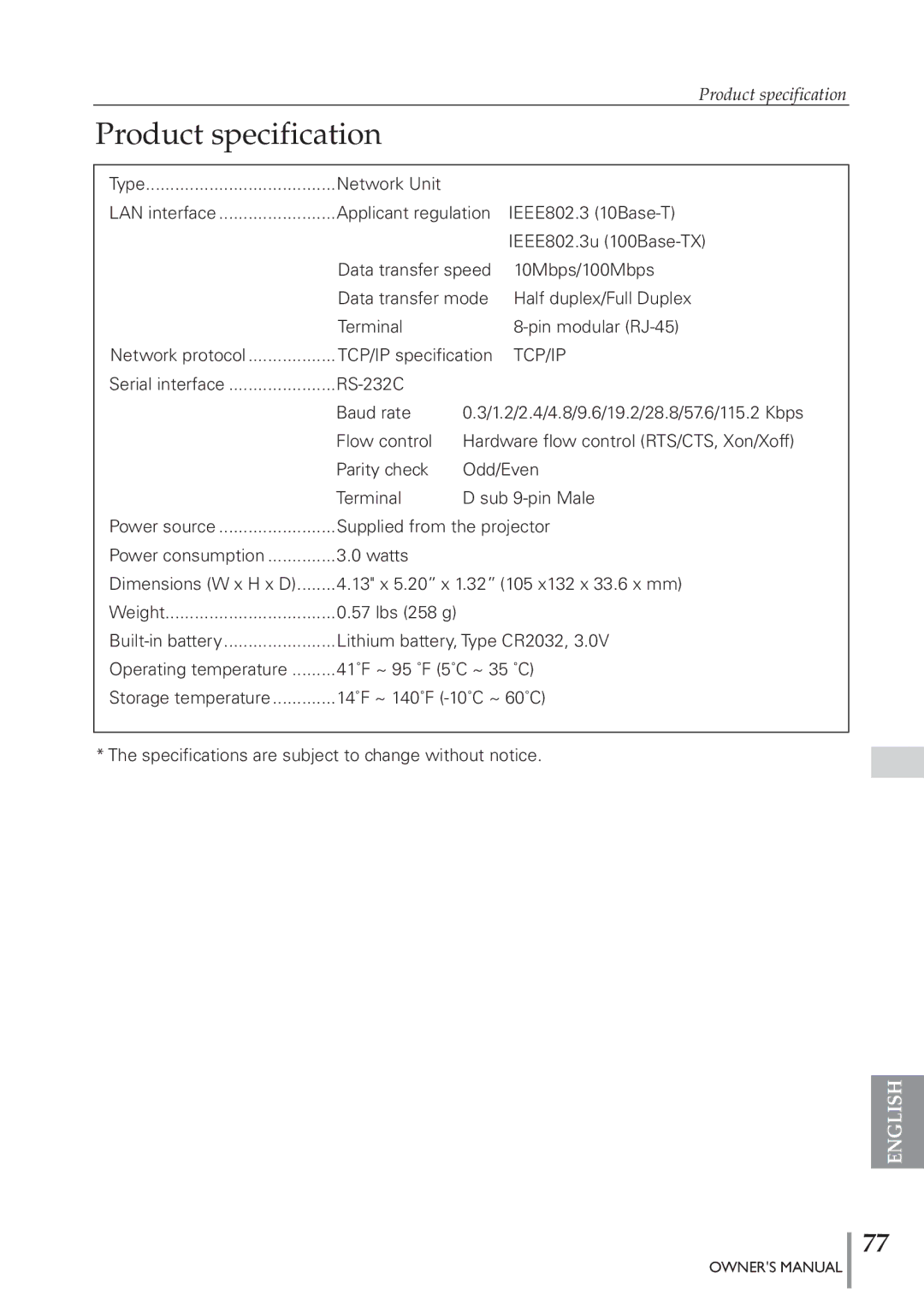 Eiki PJNET-300 owner manual Product specification, Tcp/Ip 