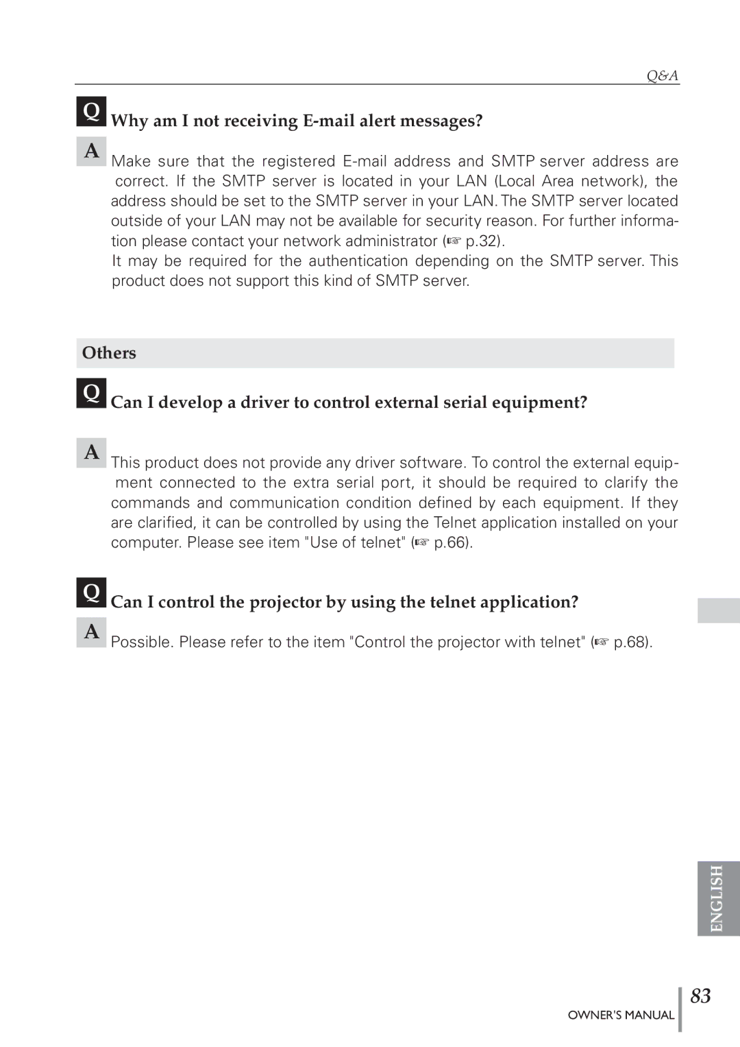 Eiki PJNET-300 Why am I not receiving E-mail alert messages?, Can I control the projector by using the telnet application? 