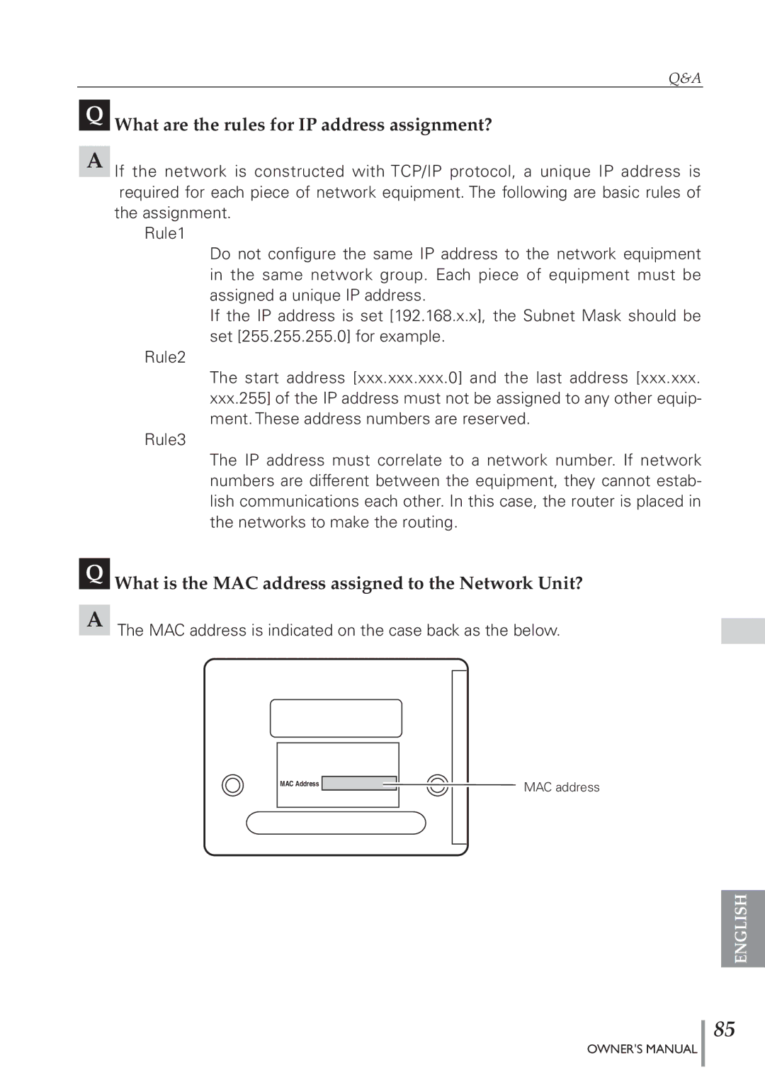 Eiki PJNET-300 What are the rules for IP address assignment?, What is the MAC address assigned to the Network Unit? 