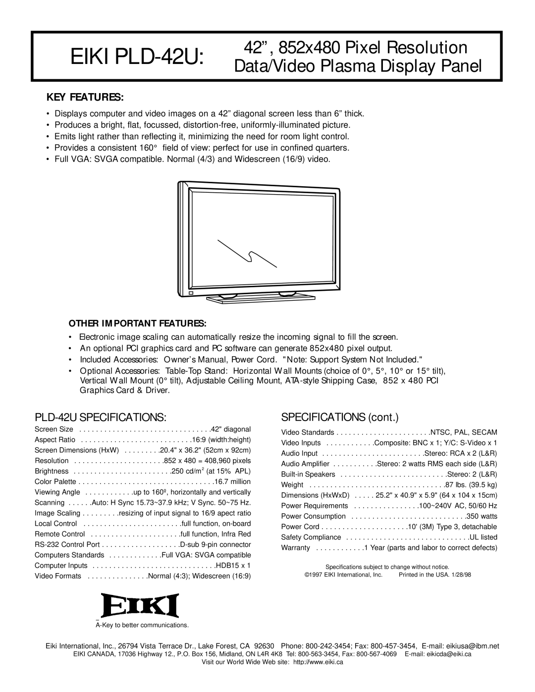 Eiki specifications Eiki PLD-42U, 42, 852x480 Pixel Resolution, Data/Video Plasma Display Panel, KEY Features 