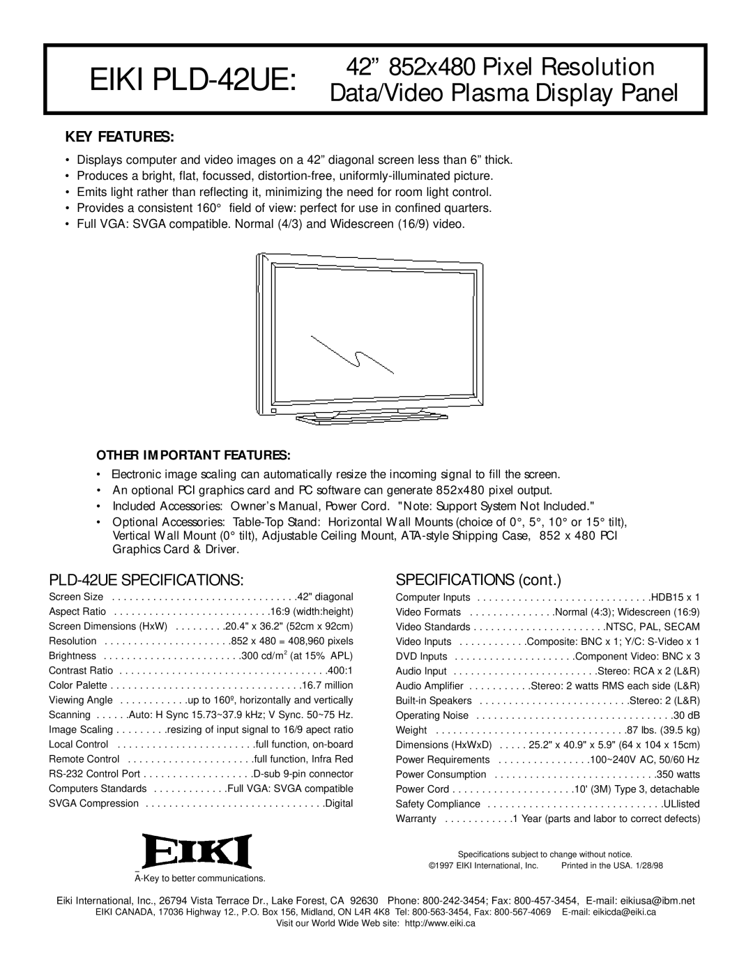 Eiki specifications Eiki PLD-42UE, 42 852x480 Pixel Resolution, Data/Video Plasma Display Panel, KEY Features 