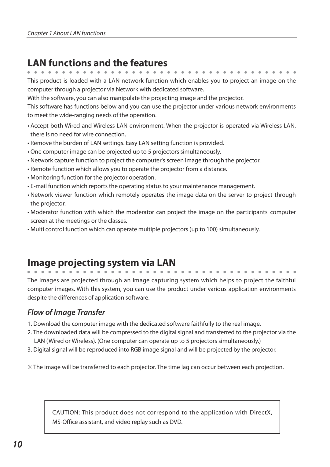 Eiki QXXAVC922---P owner manual LAN functions and the features, Image projecting system via LAN, Flow of Image Transfer 